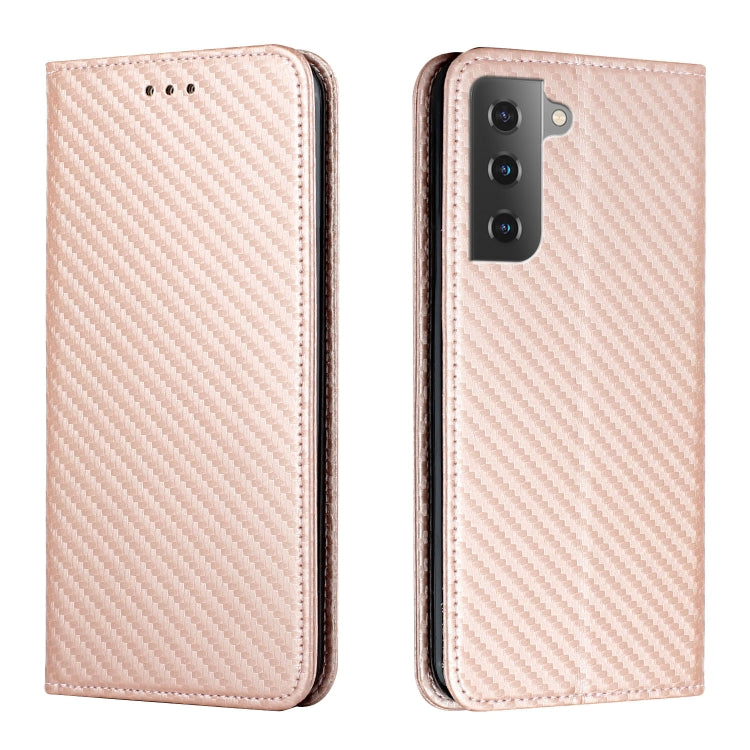 Rose gold carbon-fiber textured leather flip phone case with side camera module cutout