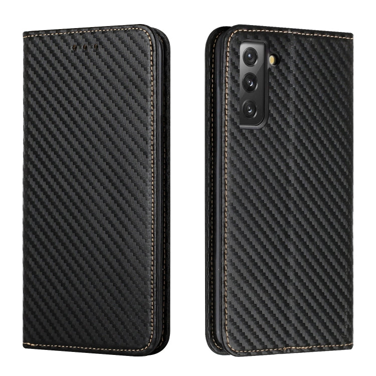 Black carbon-fiber texture flip phone case with leather edges; front and back views.