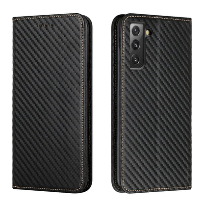 Black carbon-fiber texture flip phone case with leather edges; front and back views.