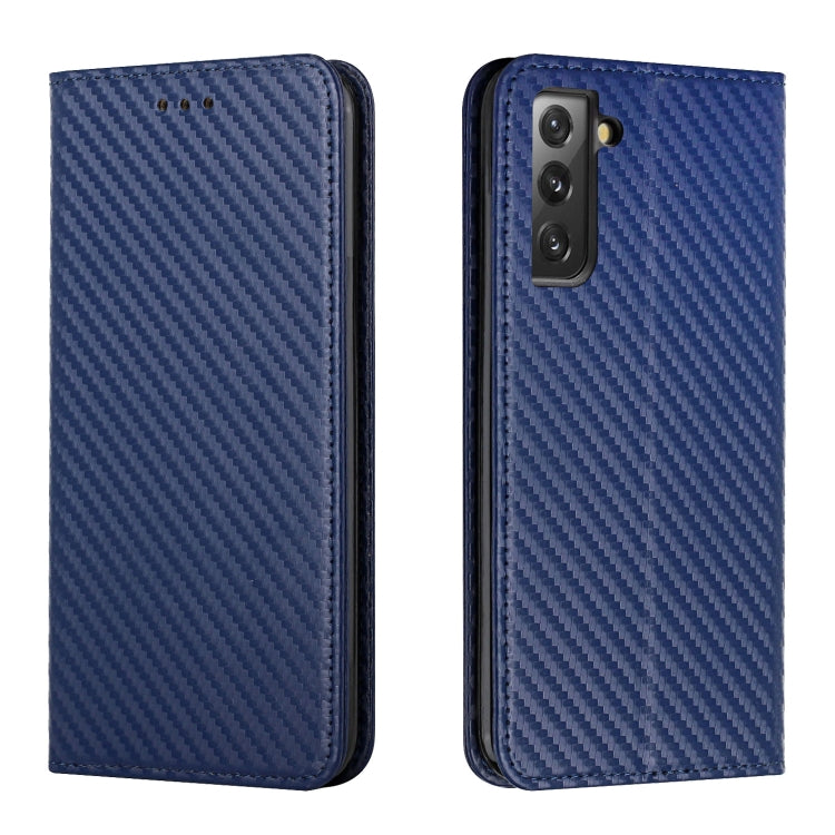 Blue carbon-fiber texture flip phone case, leather edges; back shows camera cutout.