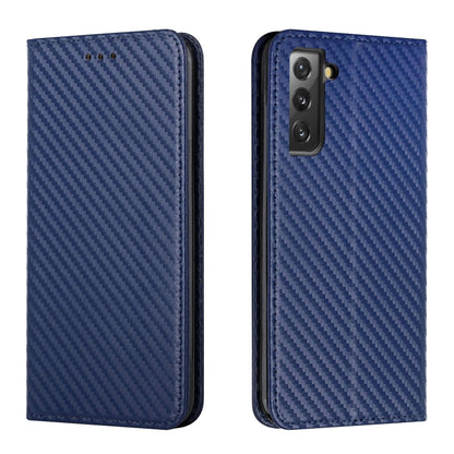 Blue carbon-fiber texture flip phone case, leather edges; back shows camera cutout.