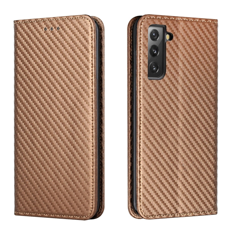 Brown carbon-fiber texture flip phone case with leatherette back and camera module opening