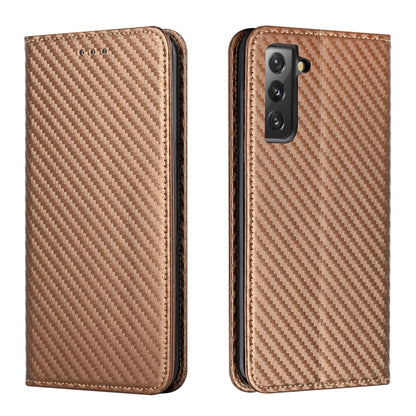 Brown carbon-fiber texture flip phone case with leatherette back and camera module opening