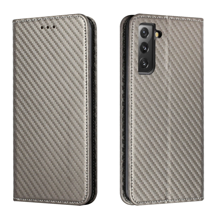 Gray flip phone case with carbon-fiber texture, front button holes, triple camera cutout