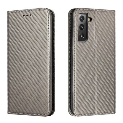 Gray flip phone case with carbon-fiber texture, front button holes, triple camera cutout