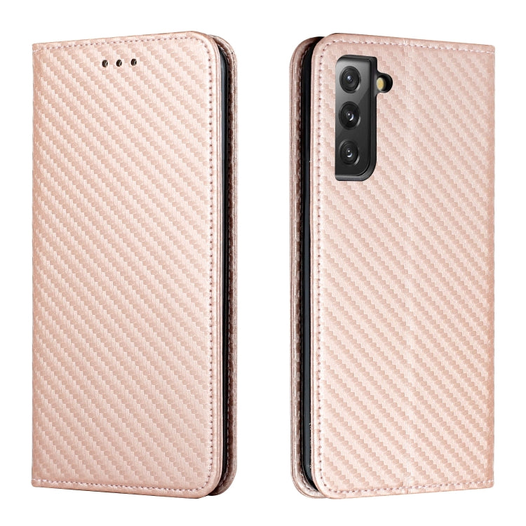 Rose gold carbon-fiber textured leather flip phone case with camera cutout and raised edges