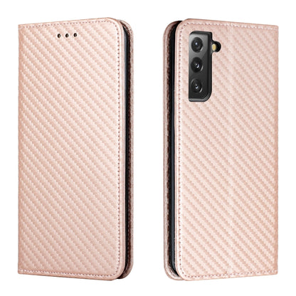 Rose gold carbon-fiber textured leather flip phone case with camera cutout and raised edges