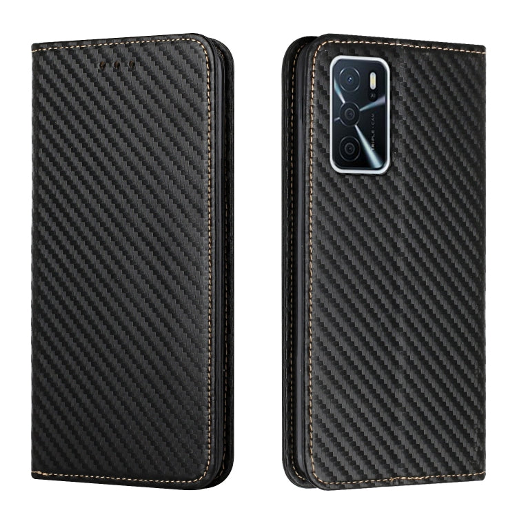 Black carbon-fiber texture flip phone case, leather trim; back shows camera cutout.