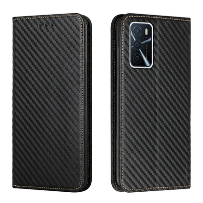 Black carbon-fiber texture flip phone case, leather trim; back shows camera cutout.