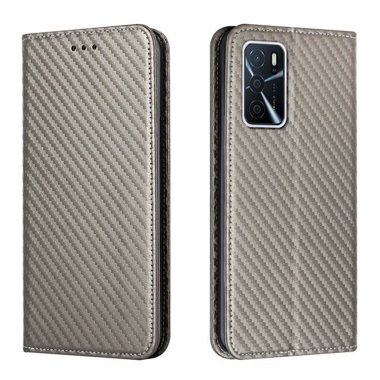 Gray flip phone case with carbon-fiber texture, front button holes, dual camera cutout