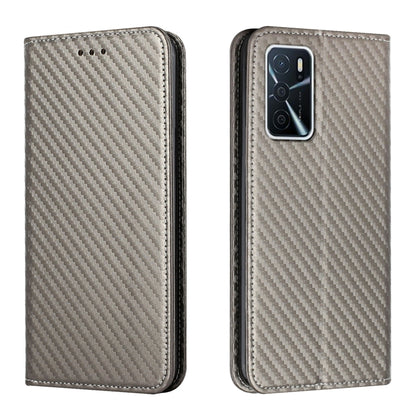 Gray flip phone case with carbon-fiber texture, front button holes, dual camera cutout