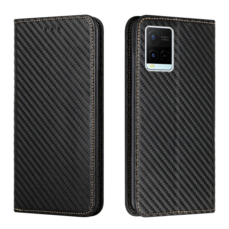 Black carbon-fiber texture flip phone case with leather border; back shows camera area.