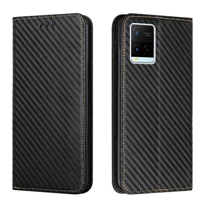 Black carbon-fiber texture flip phone case with leather border; back shows camera area.