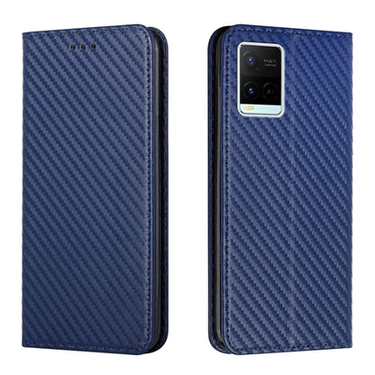 Blue carbon-fiber texture flip phone case with leatherette back and multi-camera cutout