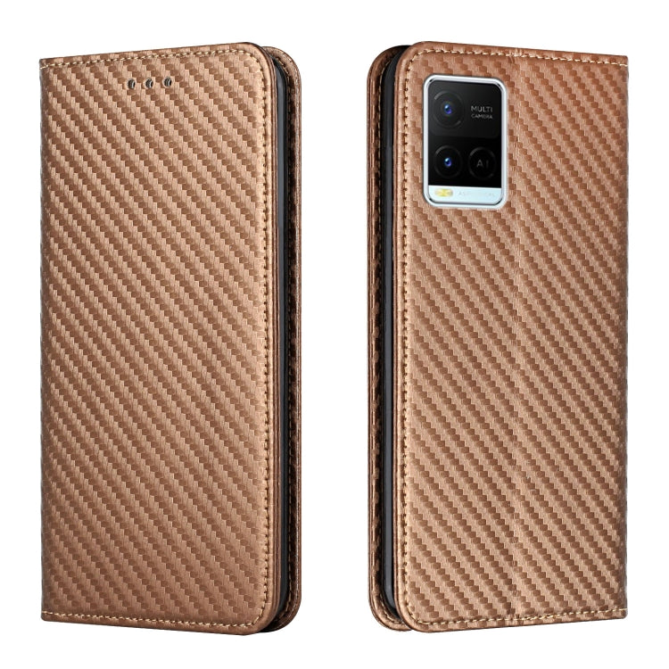 Brown carbon-fiber texture flip phone case with leatherette back and multi-camera cutout