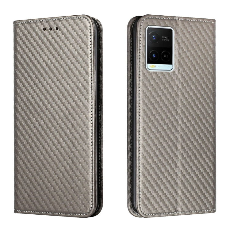 Gray flip phone case with carbon-fiber texture, front button holes, triple camera cutout