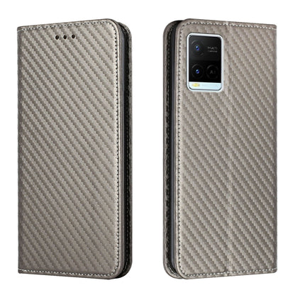 Gray flip phone case with carbon-fiber texture, front button holes, triple camera cutout