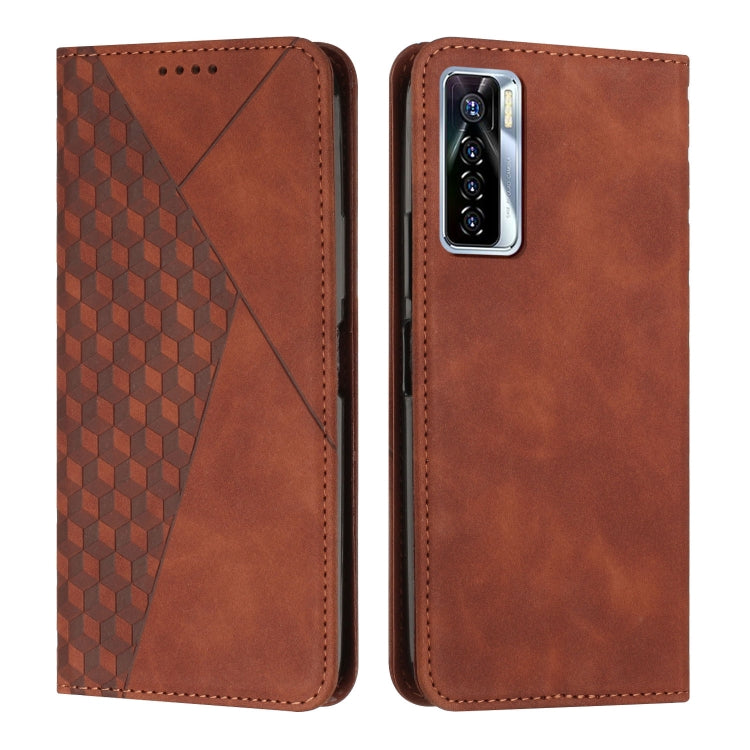 Brown leather folio phone case with geometric diamond pattern and stitched edges