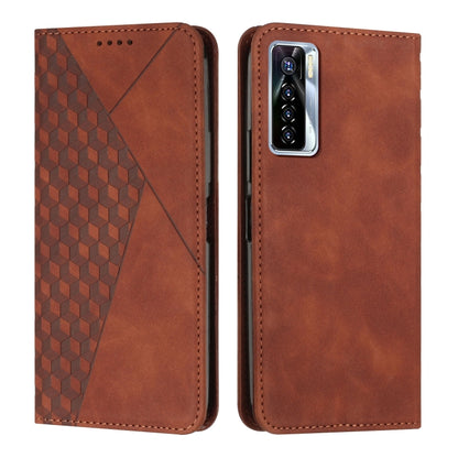Brown leather folio phone case with geometric diamond pattern and stitched edges
