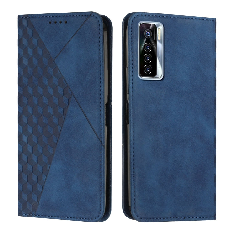 Blue leather phone case with geometric diamond panel and stitched edges, front and back