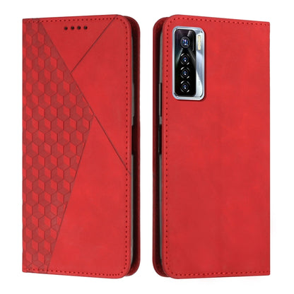 Red leather-style wallet phone case with geometric pattern, camera opening, and stitched border