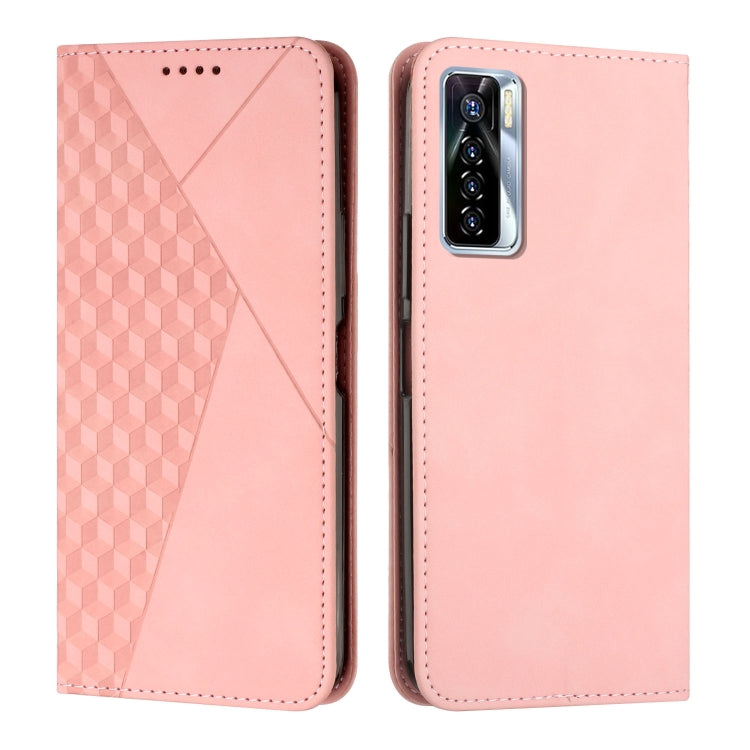 Rose pink leather phone case with diamond textured side and camera cutout on back.