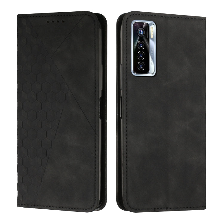 Black magnetic leather phone case with diamond texture and stitched flip cover