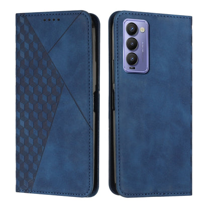 Blue leather phone case with diamond panel and camera cutout, front and back view