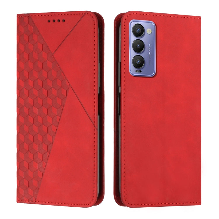 Red leather-style wallet phone case with geometric front panel, rear camera cutout, and side openings