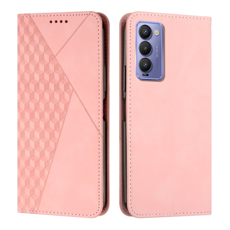 Light pink leather phone case with diamond textured side panel and camera opening.
