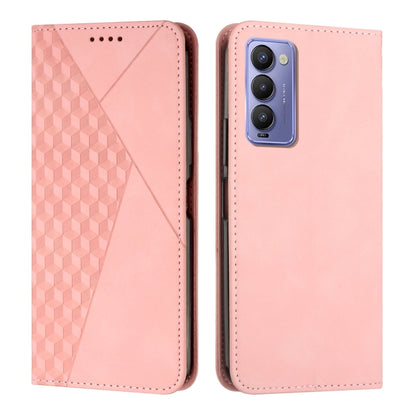Light pink leather phone case with diamond textured side panel and camera opening.