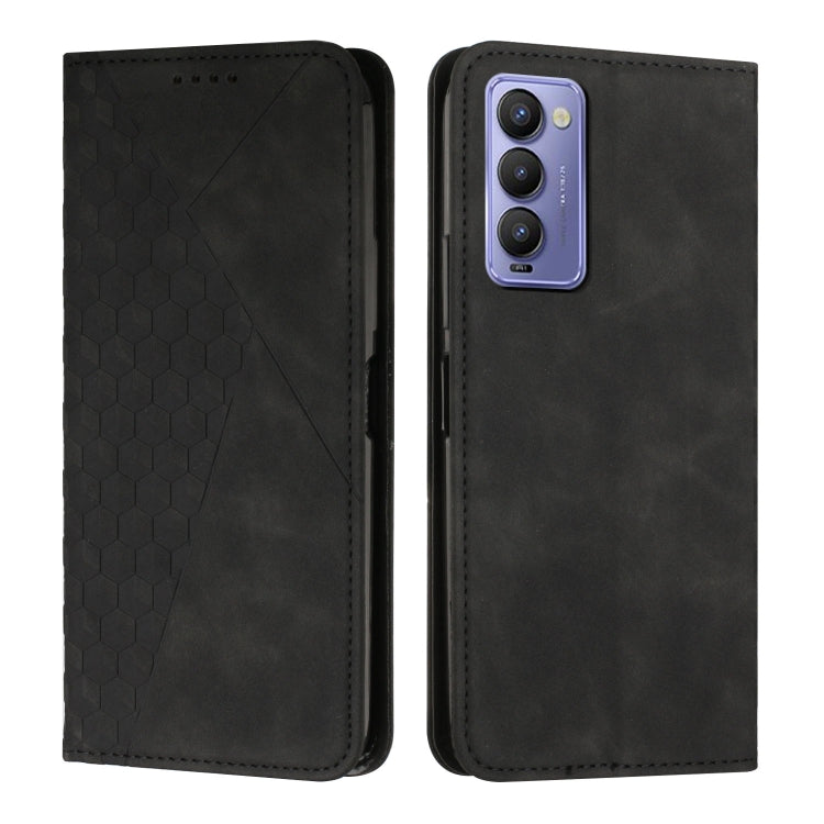 Black magnetic leather phone case with triple-camera cutout and embossed diamond pattern