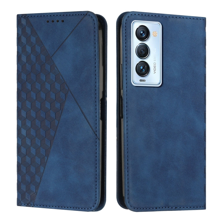 Blue leather phone case with diamond panel and rear camera module cutout, front and back