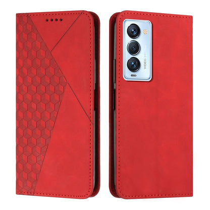 Red leather-style wallet phone case with geometric pattern, rear camera opening, and button cutout