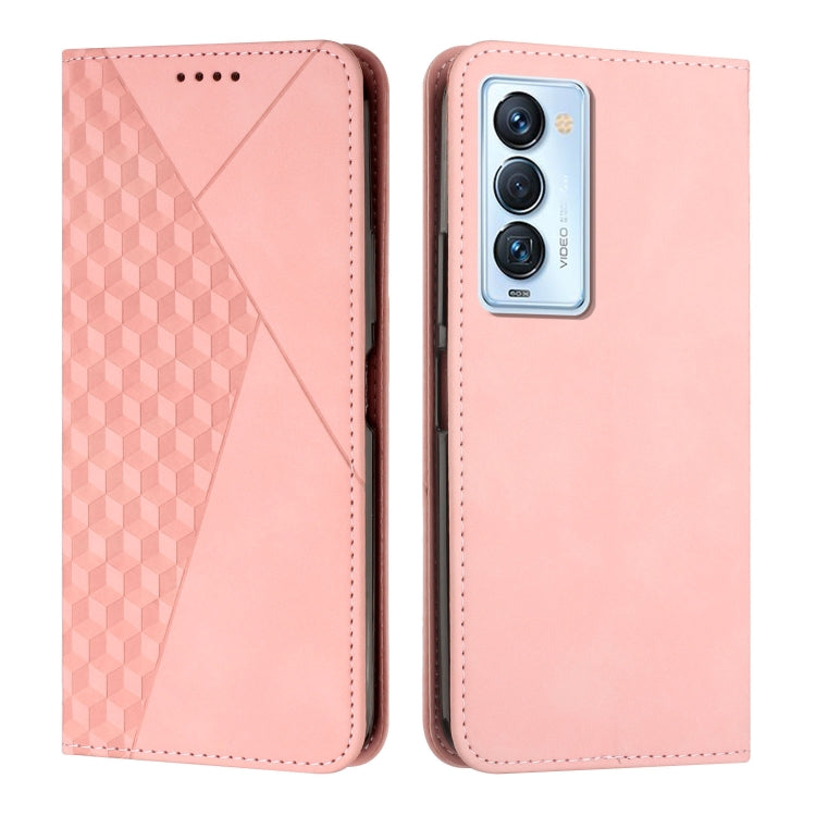Light pink leather phone case with diamond textured side and triple-camera cutout.
