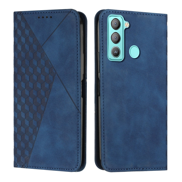 Blue leather phone case with diamond panel, magnetic round clasp, and camera cutout, front/back