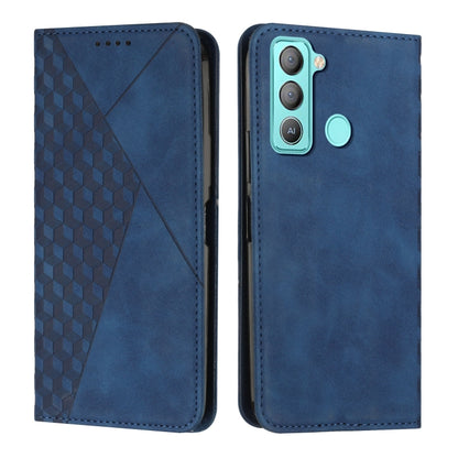 Blue leather phone case with diamond panel, magnetic round clasp, and camera cutout, front/back