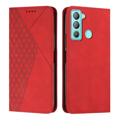 Red leather-style wallet phone case with geometric front, rear camera cutout, and side button port