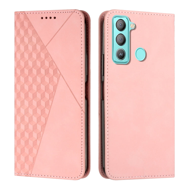 Light pink leather phone case with diamond textured side and camera cutout with side button.