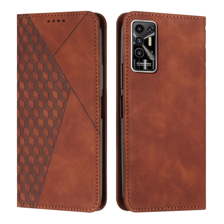 Brown leather phone case with geometric diamond panel and stitched edges, front and back view