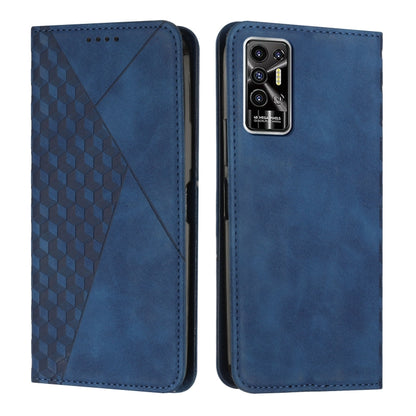 Blue leather-style wallet phone case with geometric pattern, side cutouts, and camera opening