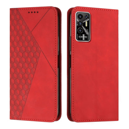 Red leather phone case with diamond textured side and card-slot design, magnetic closure.