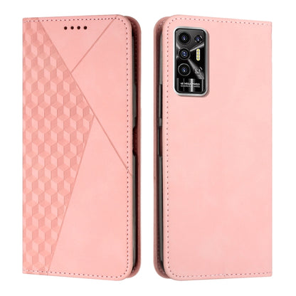 Rose gold magnetic leather phone case with diamond pattern and stitched flip cover