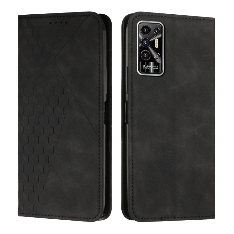Magnetic leather phone case with hex texture and flip cover, black