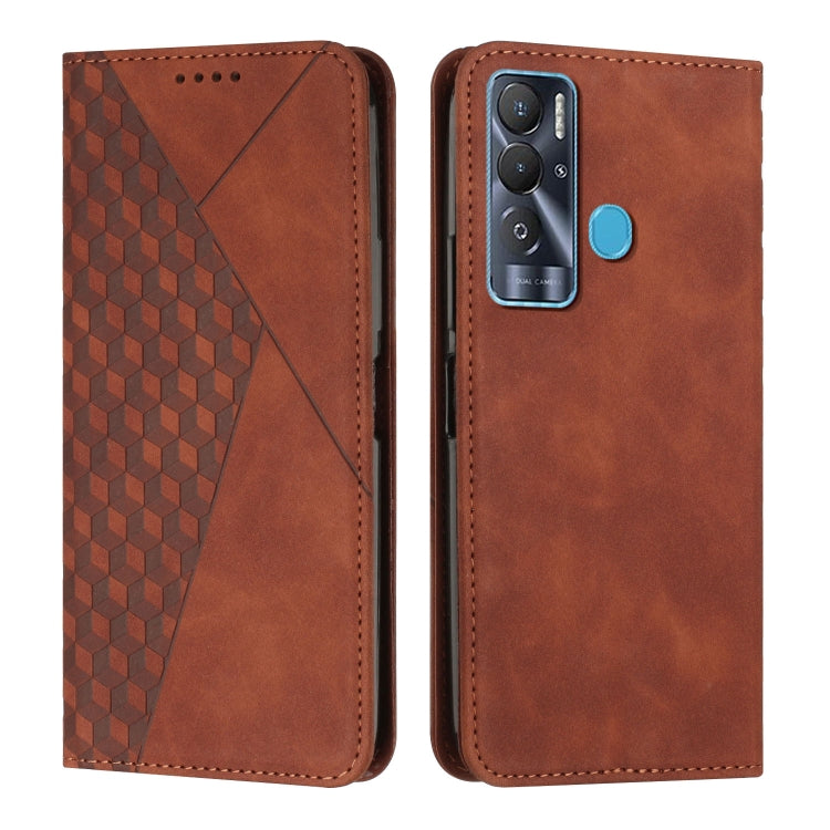 Brown leather phone case with diamond pattern and magnetic round clasp, front and back view