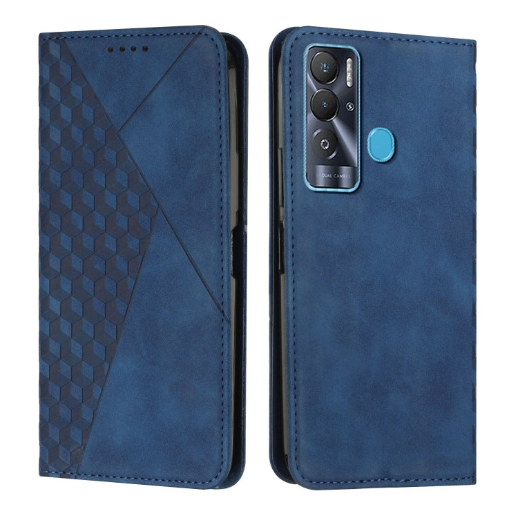 Blue leather-style wallet phone case with geometric pattern, camera cutout, and side button openings