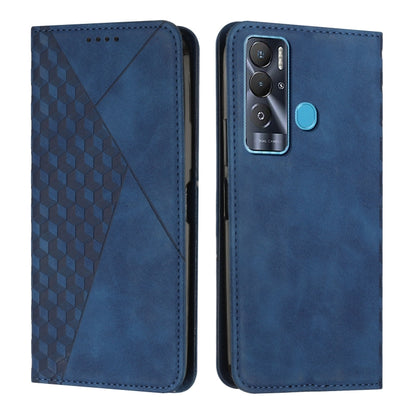 Blue leather-style wallet phone case with geometric pattern, camera cutout, and side button openings