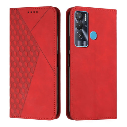Red leather folio phone case with diamond textured panel and cutouts for cameras and ports.