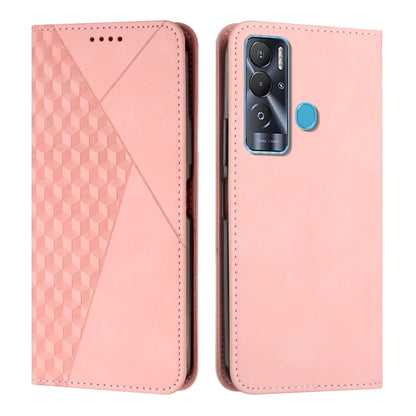 Rose gold magnetic leather phone case with camera cutout and blue magnetic button detail