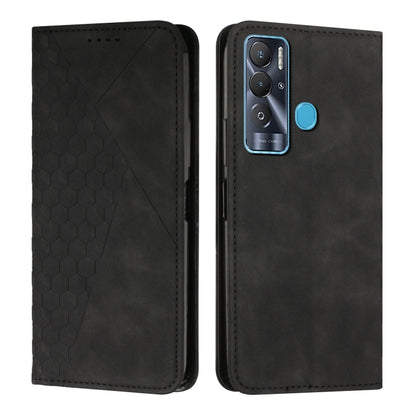 Magnetic leather phone case with hex texture, black; blue round magnetic clasp